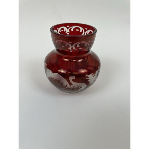 Vintage Egermann Czech Ruby Red Cut to Clear Etched Glass Mini Vase 3" - Picture 3 of 14